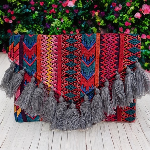 Ethnic Boho Large Clutch Suede Wristlet Bag Handmade Embroidery Tassels Indi NEW - Picture 1 of 15